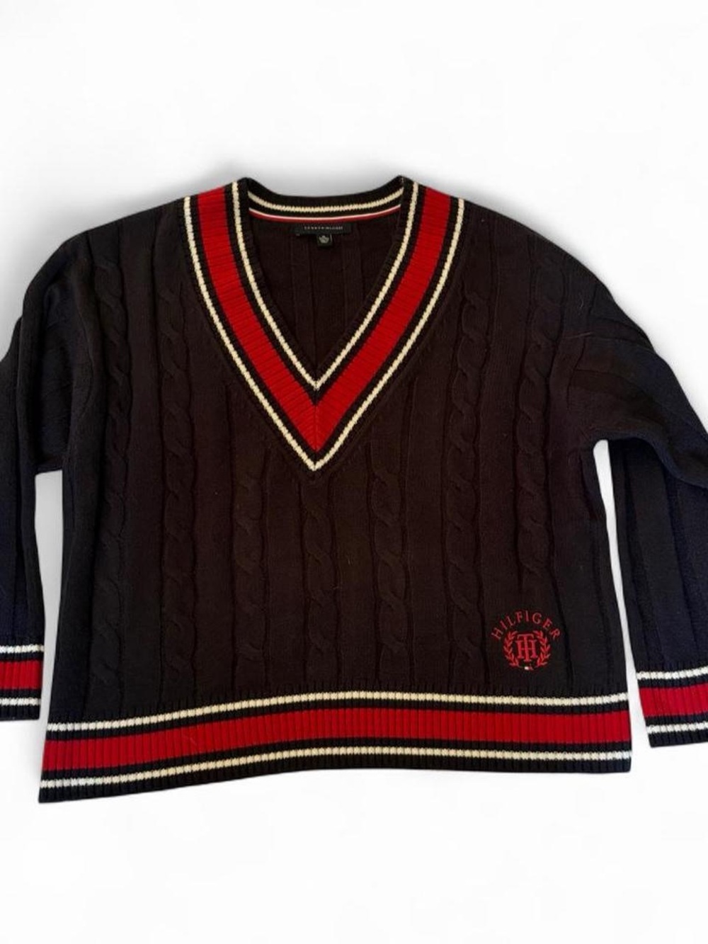 Tommy Hilfiger Navy Cable-Knit V-Neck Sweater with Red and White Trim